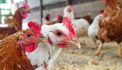 Fototapeta premium Close-up of chicken heads with detailed crests and feathers in a rustic barn setting