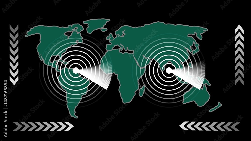 Poster abstract world map with signal waves and arrow patterns representing global connectivity and data tr