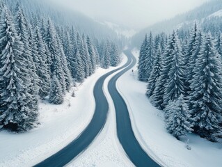 Aerial view of winding road through snow-covered forest on a foggy winter day. Perfect for travel, seasonal, or inspirational themes in design work.