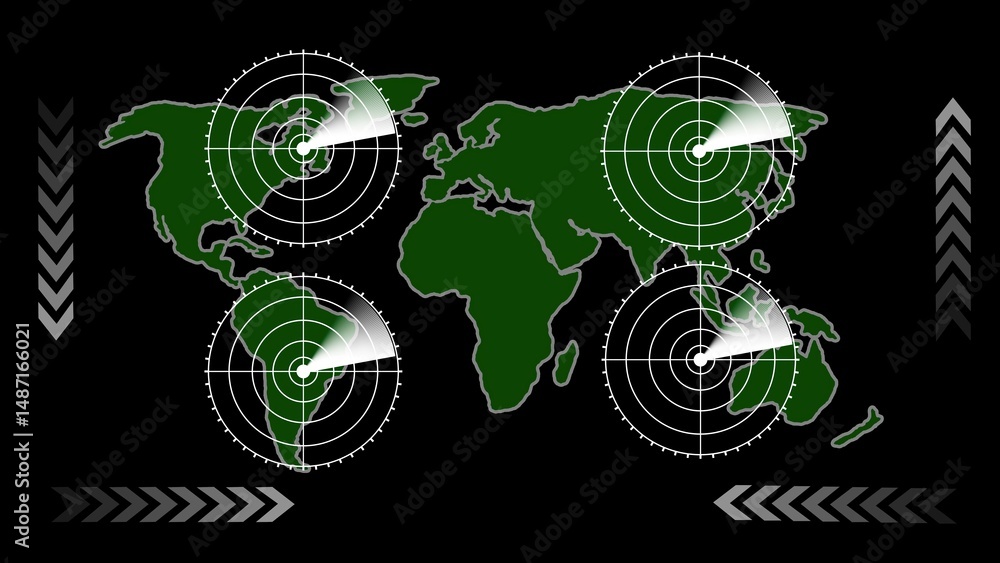 Poster global surveillance concept with radar displays over world map representing worldwide scanning and d