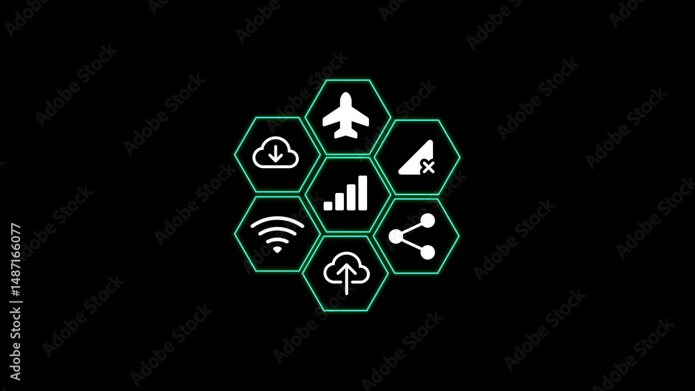 Poster digital connectivity icons arranged in a hexagonal shape representing network and online communicati
