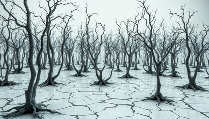 Barren trees on cracked earth: Arid landscape, ecological impact