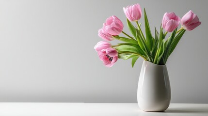 Stylish and tranquil, pink tulip flowers arranged in a sleek ceramic vase, centered on a white table with open copy space.