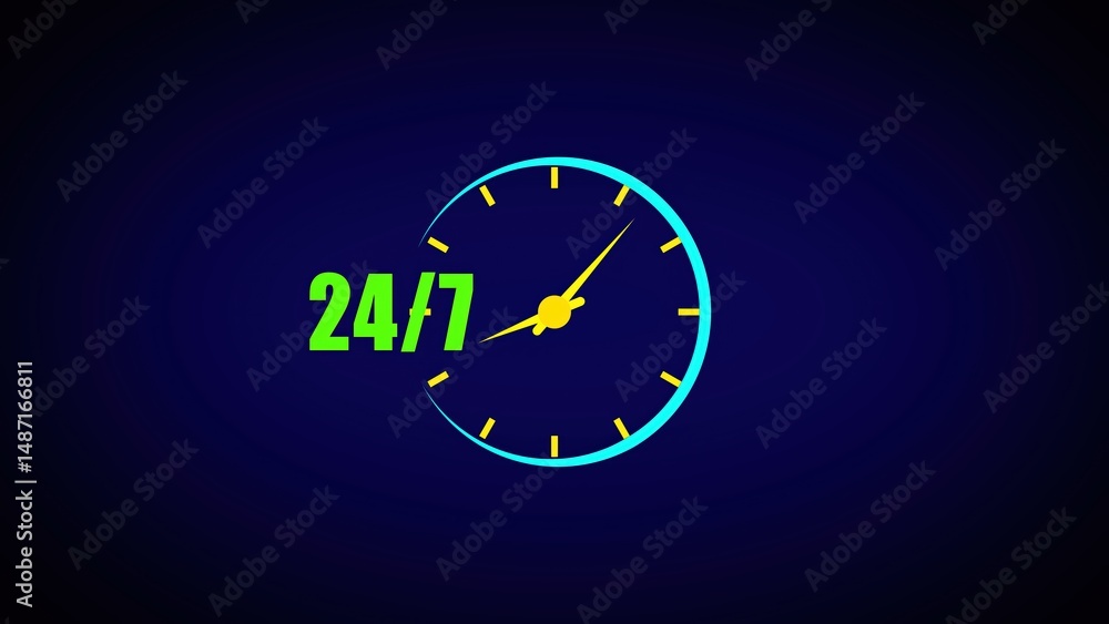 Poster 24/7 availability concept illustrated with a clock face demonstrating round-the-clock service and su