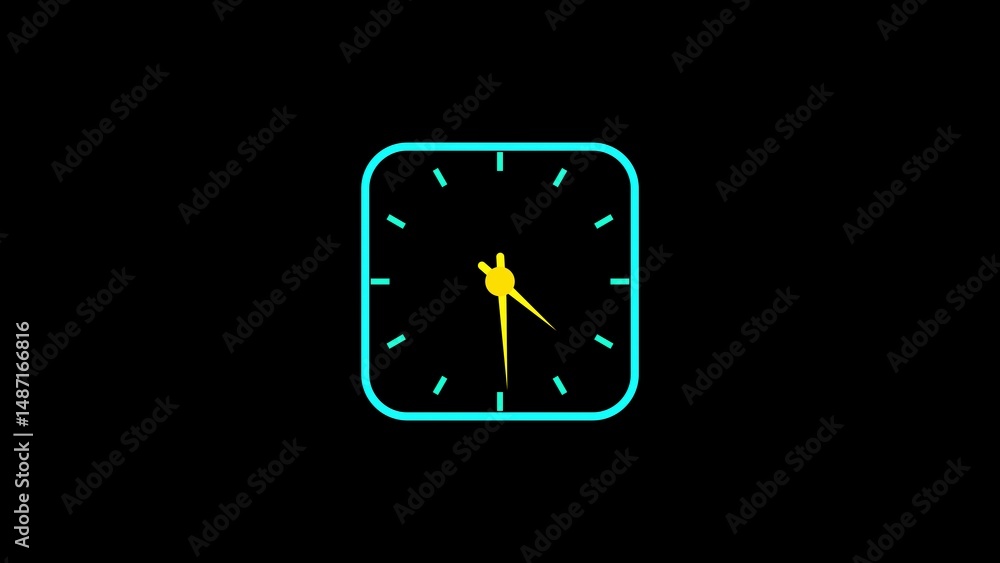 Poster neon square clock illustration on black background showing time concept with cyan and yellow color p