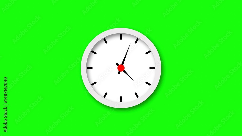 Poster simple and modern clock design with white clock face and black hands over a vibrant green screen bac