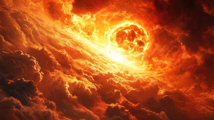 Dramatic sunset sky filled with billowing clouds illuminated in vibrant shades of orange,