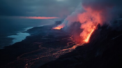 The raw power of nature is on display as lava pours down the side of a volcano, smoke and steam rising in the glowing light.