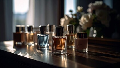 Pastel-colored mini perfume bottles and cream containers on a dressing table