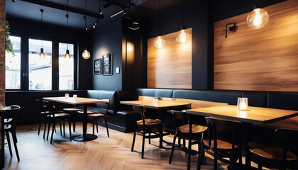 Cafe interior with full color, with a modern cafe theme without any people, bright light with bright colors, comfortable dining area with wooden tables