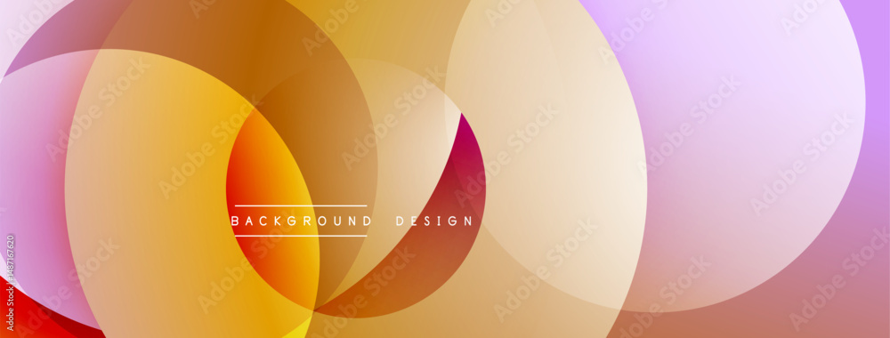 Poster Abstract colorful overlapping circles create dynamic background. Warm tones dominate, blending orange, yellow, purple hues. Modern design element.