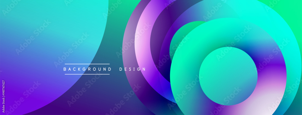Poster Abstract gradient layers create dynamic visual effect. Vivid colors blend, forming circular shapes, modern design element.