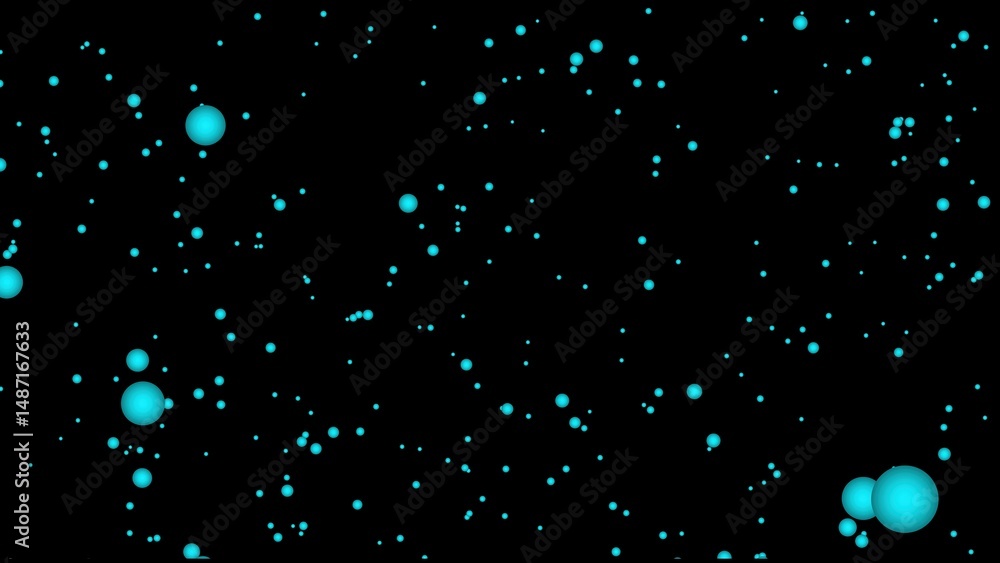 Poster abstract background of glowing turquoise spheres scattered randomly across a black backdrop creating