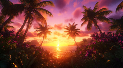 Sunset over the ocean with a silhouette of palm trees with beautiful sky, Tropical beach at sunset featuring flower trees, Warm Colors, Soft Light, and Peaceful landscape view.