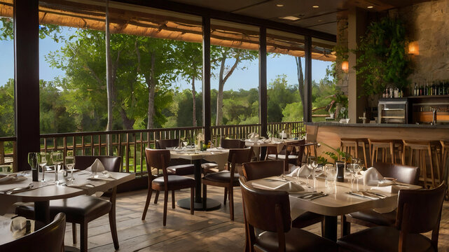 Cafe interior with full color, with a modern cafe theme without any people, bright light with bright colors, comfortable dining area with wooden tables