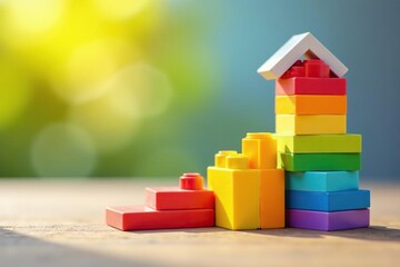 Fototapeta premium Rainbow-colored blocks, building toys, sunny backdrop , learning, red