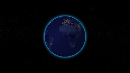 Earth globe at night glowing with city lights surrounded by a starry black space atmosphere beautiful vivid illustration for global awareness and technology