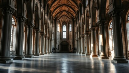 Grand gothic architecture, cathedral interior with vaulted ceilings, columns, arches