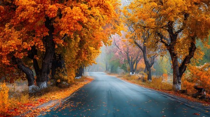 Autumn landscape with colorful leaves on trees and road in park, autumnal scene. Autumn background. Beautiful fall nature scene