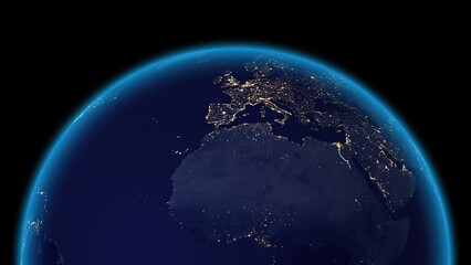 A luminous view of the earth at night showing the illuminated continents of europe and africa set against a dark space background.