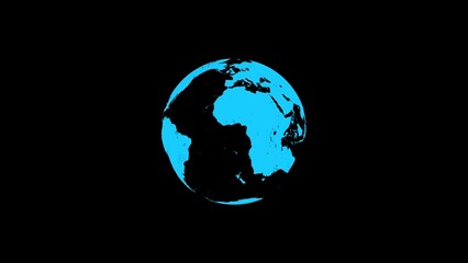 A stylized globe rendered with blue oceans and black landmasses floating against a dark background representing the world.