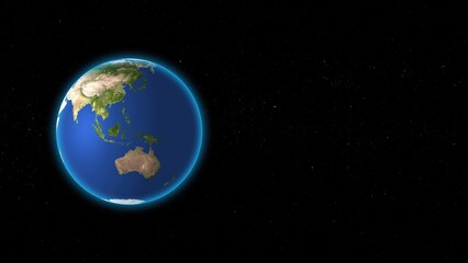 A realistic render of earth depicting the continents of asia australia and surrounding oceans as seen from space against a starfield backdrop