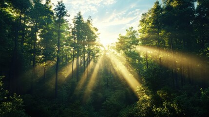 Obraz premium Sunlight streaming through trees in a lush forest nature photography serene landscape aerial view tranquility