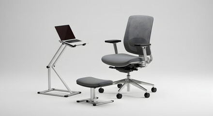 Obraz premium Ergonomic Workspace Setup: Modern Office Chair, Laptop Stand, and Footrest