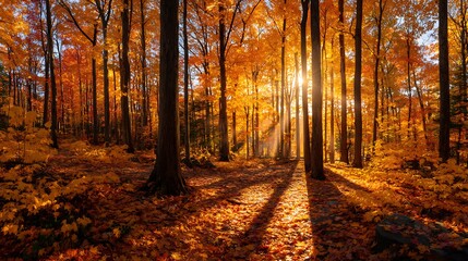 Obraz premium Autumn park with tall trees in background of a blue sky a sunny environment