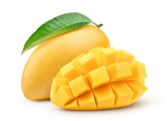 Ripe yellow Mango with cut in half isolated on white background. 