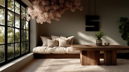 Tranquil, minimalist living area with natural light.