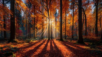 Obraz premium Autumn park with tall trees in background of a blue sky a sunny environment
