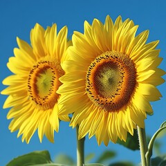 Two vibrant sunflowers against a clear blue sky.  Their bright yellow petals and dark centers are showcased against the backdrop