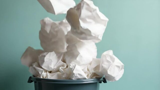 vertical Crumpled paper falling into full office waste basket