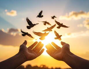 Hands Releasing Birds into Sunset Sky – Symbol of Freedom, Hope and Letting Go

