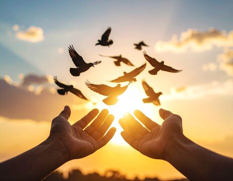 Hands Releasing Birds into Sunset Sky – Symbol of Freedom, Hope and Letting Go

