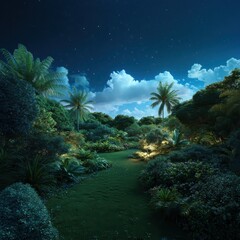 Peaceful night walk through lush tropical garden serenity nature outdoor tranquil nighttime ambiance