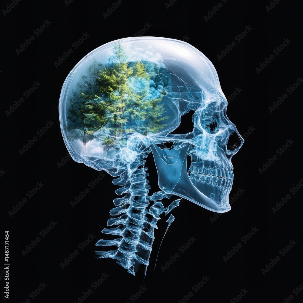 Poster exploring the intersection of nature and mind a creative visual representation in x-ray art