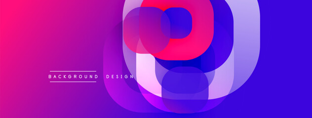 Abstract vibrant design features overlapping circles. Gradient colors blend from pink, purple, blue creating modern look. Background texture visible.