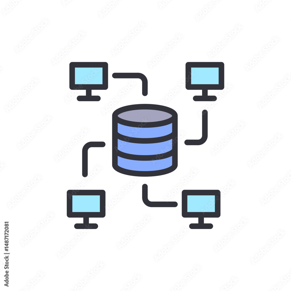 Poster conceptual illustration of database network with four connected computers