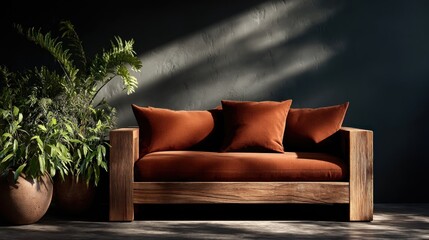 Obraz premium Rustic modern sofa in a dimly lit room.