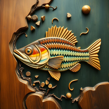 view of a fishes painting created with wood carving art