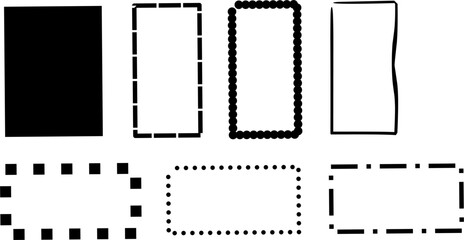 Collection of hand-drawn and solid rectangle frame shapes in black and white. Features a mix of clean, abstract, and grunge styles. Ideal for use in modern design, digital art, labels, templates