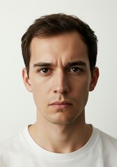Naklejka premium Serious Young Man Portrait: Pensive Gaze, Neutral Background