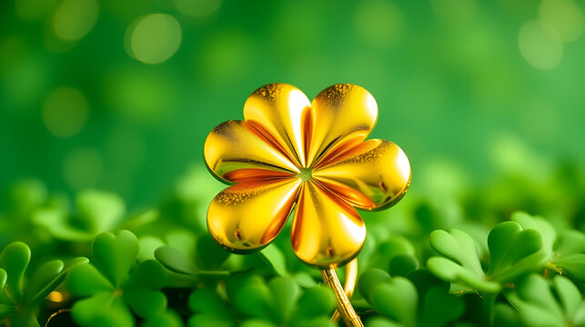 St. Patrick's Day celebration with a shiny golden lucky clover, clover, luck, Irish, holiday, celebration, green, festive
