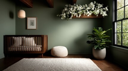 Stylish nursery room with muted sage green tones.