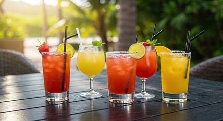 Tropical cocktail variety on outdoor table for refreshing summer gatherings