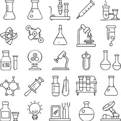 This black vector icon set presents science and chemistry icons as a silhouette design for web or computer use, including medical and book symbols