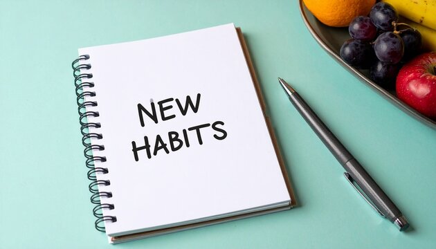 Lifestyle changes self-care concept. Notebook with "New Habits" written beside fruits and a pen.