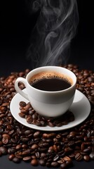 Fototapeta premium Cup of coffee and coffee beans on grey background. Close up
